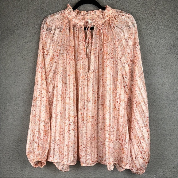 H&M Top Womens XL Pink Floral Ruffle Neck Sheer Tie Front Bishop Sleeve Blouse - Picture 1 of 9